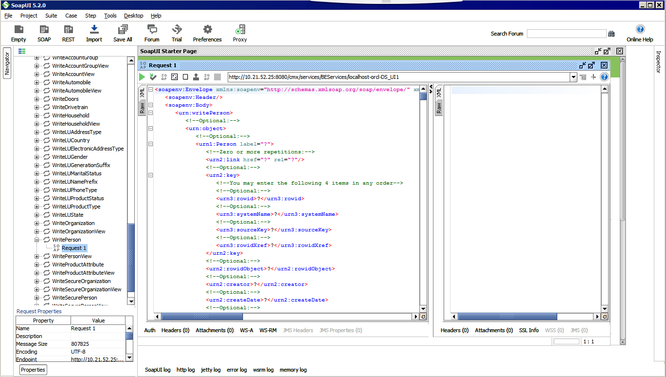 Paramètres d'entrée dans SoapUI pour l'API SOAP WritePerson 
			 