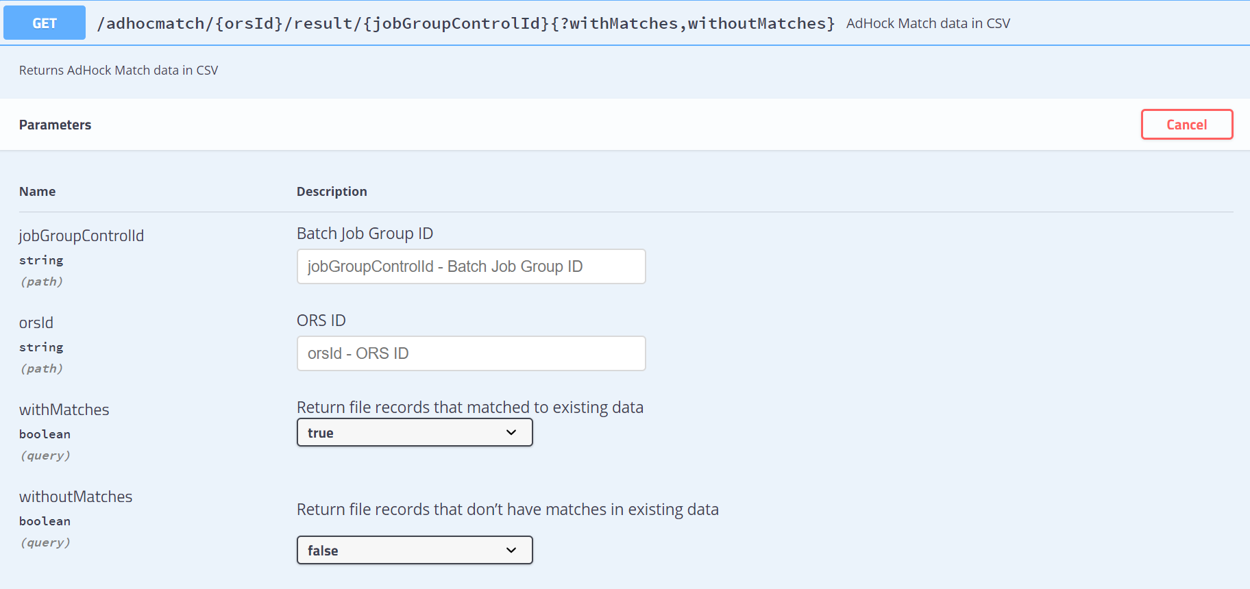  Input parameters of adhoc-match REST API
			 