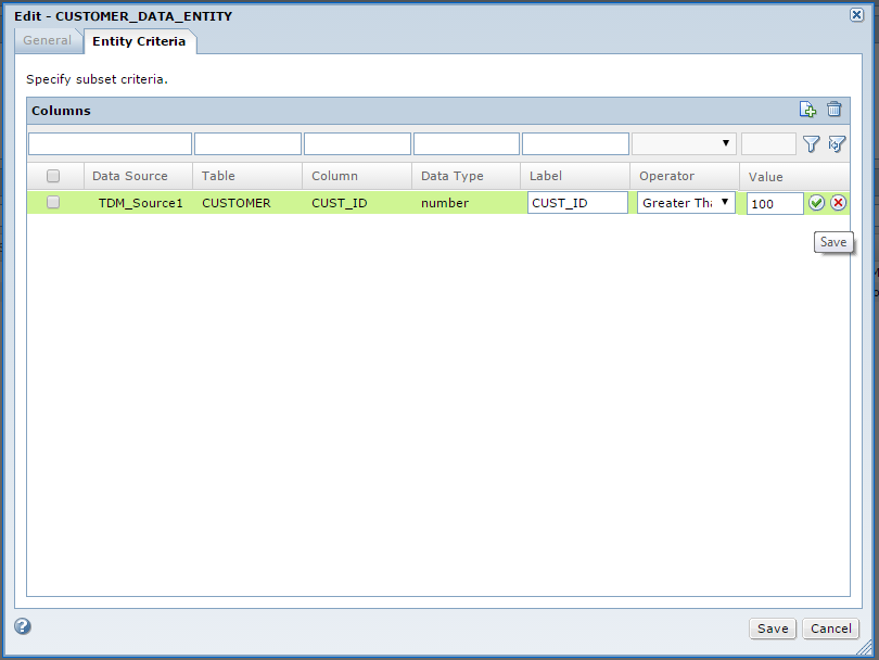 The Entity Criteria tab contains a list of operators and fields for values and labels to create the filter criteria. 
				  