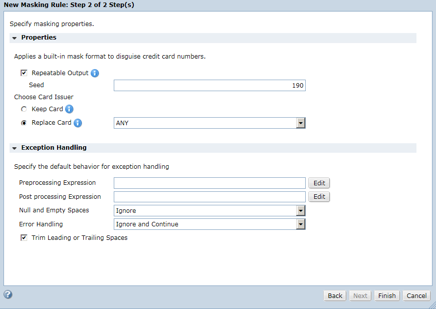 The New Masking Rule dialog box displays masking properties and exception handling parameters. 
				  