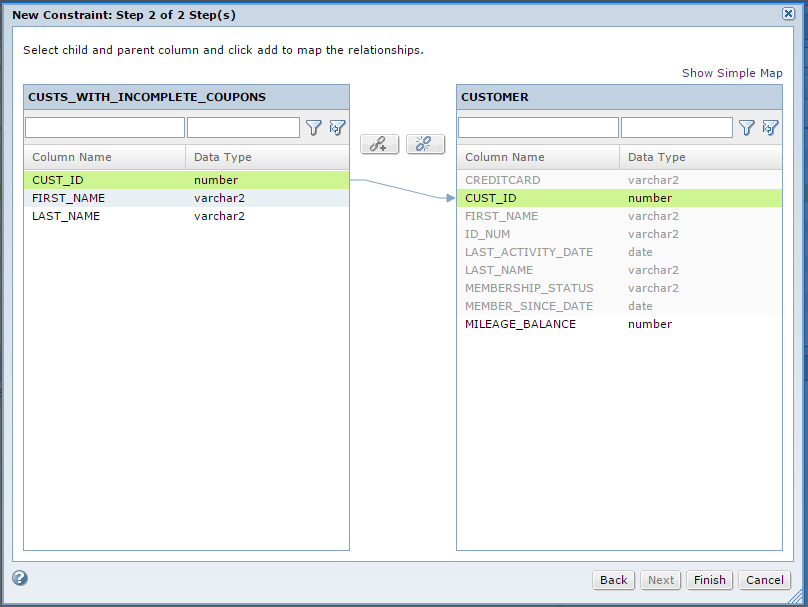 The New Constraint creation workflow contains lists of columns in the child and parent tables and allows you to map required columns. 
				  