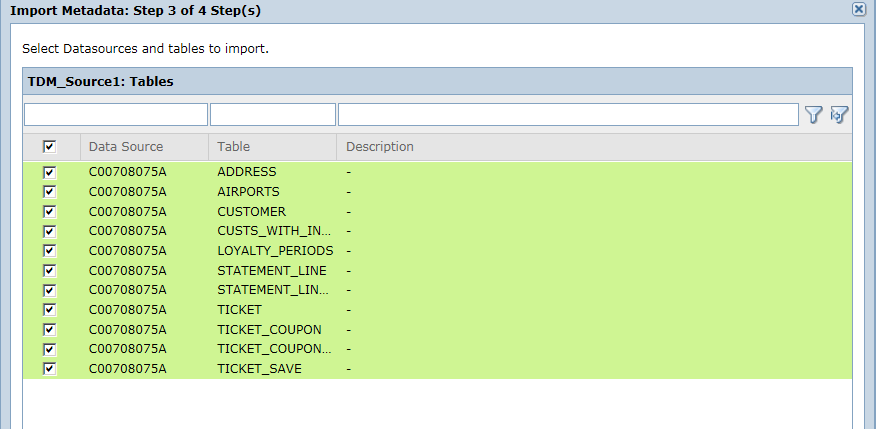 The Import Metadata dialog box shows the list of tables within the data source C00708075A. 
				  