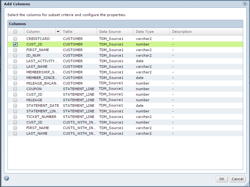 The Add Columns dialog box contains a list of columns with the table names and related data. 
				  