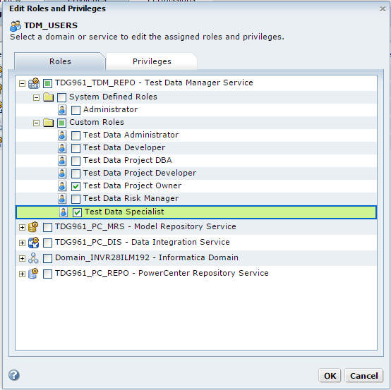 The Edit Roles and Privileges dialog box contains the Roles and Privileges tabs, and the Roles tab is selected on the screen. The Test Data Project Owner and Test Data Specialist roles are the custom roles selected on the screen. 
				  