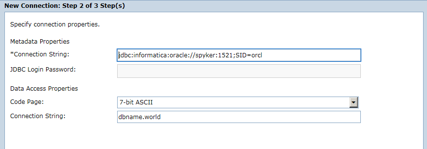 The New Connection dialog box shows metadata properties and data access properties. The Connection String field shows the data that you entered in the task. 
				  