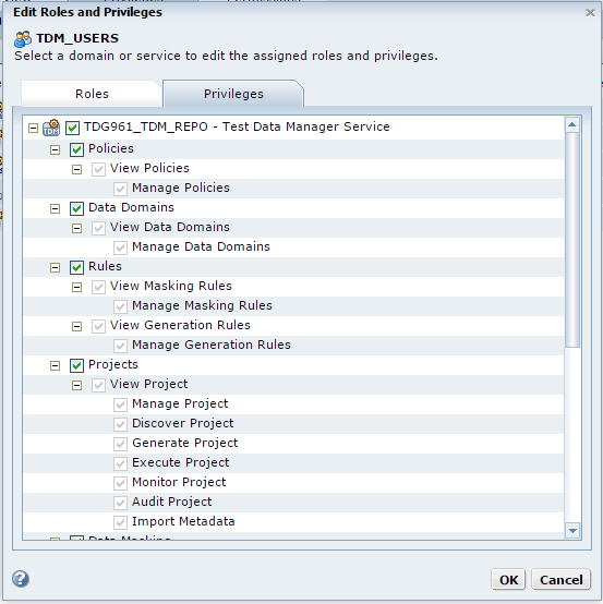 The Edit Roles and Privileges dialog box contains the Roles and Privileges tabs, and the Privilieges tab is selected on the screen. The Test Data Manager Service custom privileges are selected on the screen. 
				  
