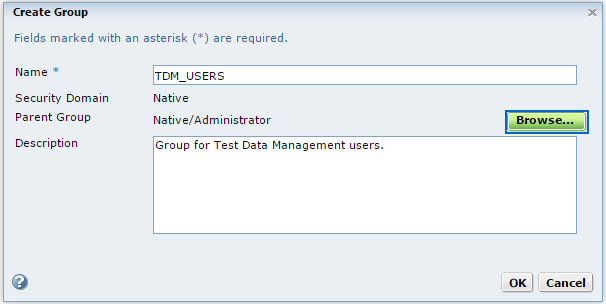The Create Group dialog box contains fields to enter the group name and select a parent group. 
				  