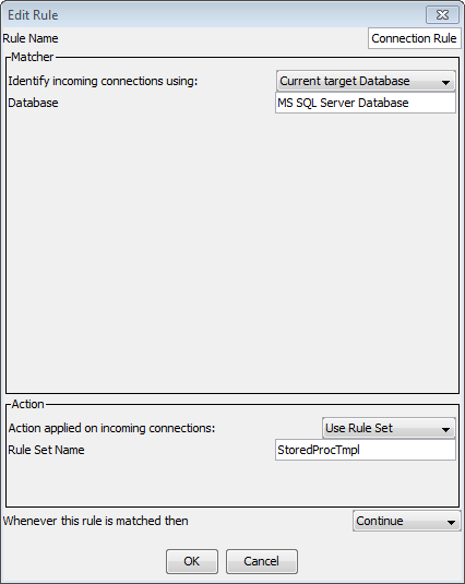 The Rule Name is StoredProc Connection rule, the rule matcher is Current Target Database, the Database is MS SQL Server Database, the rule action is Use Rule Set, the Rule Set Name is StoredProcTmpl, and the processing action is Continue. 
			 