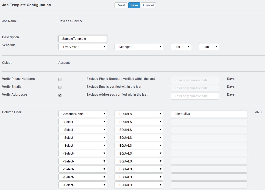 The image shows the template for the DaaS batch job. You must create and configure a template before you run the batch job. You must enter the description, select an object, and select one or more of the data verification service. Additionally you can schedule the batch job to run at different intervals. You can configure the filters to select the on which you want to run the DaaS batch job. 
		  