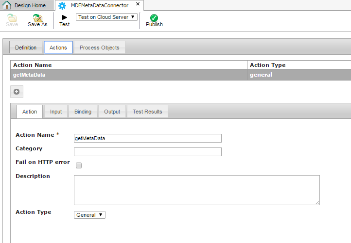 You can configure the Input, Binding, and Output settings in the Action tab. 
				  