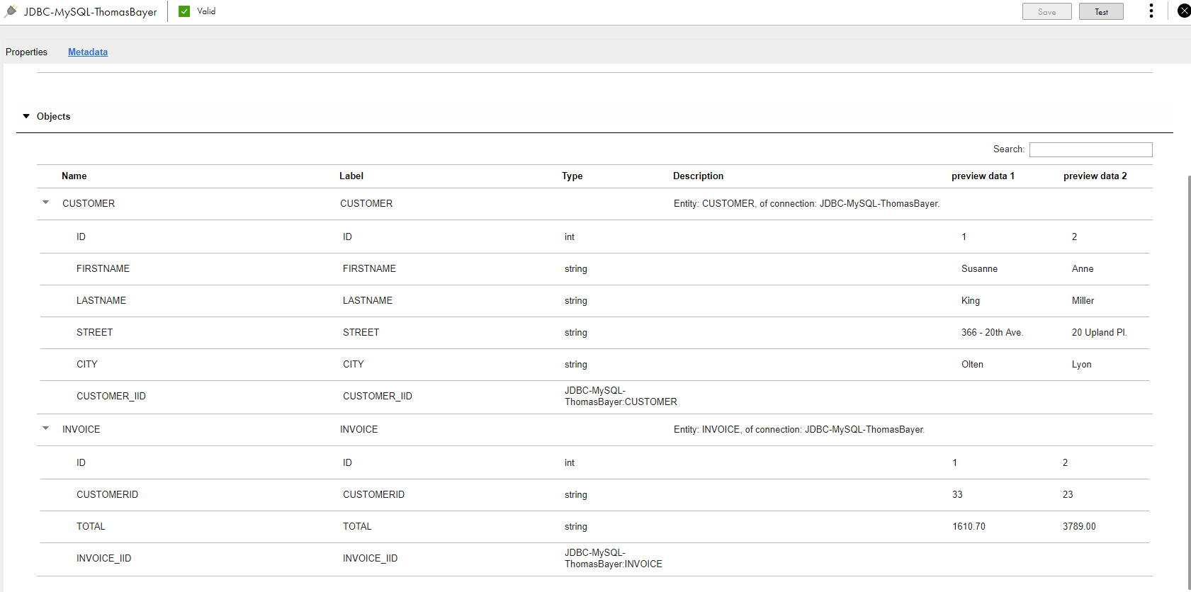 The image shows two entities named Customer and Invoice along with the column metadata and data. 
		  
