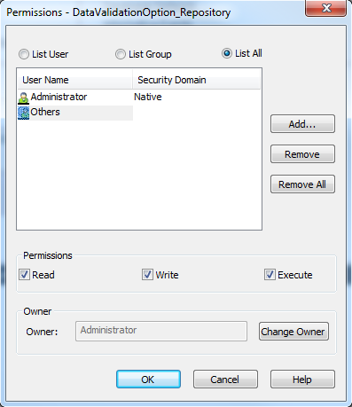 The Permissions dialog box lists all users and groups. It shows that the Others group has Read, Write, and Execute permissions on the connection. The dialog box also shows that the Administrator user is the owner of the connection object. 
				  