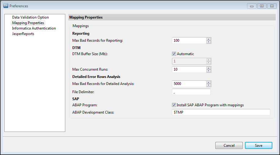 The Mapping Properties tab of the Preferences dialog box specifies the mapping properties such as the maximum number of bad records, buffer size, maximum number of concurrent sessions, and bad records file delimiter. 
				  