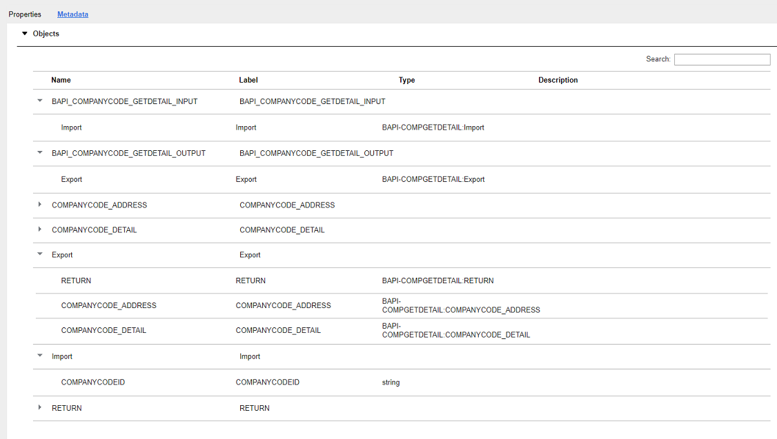 View the published metadata for the import, export, and table parameters for the BAPI function 
			 