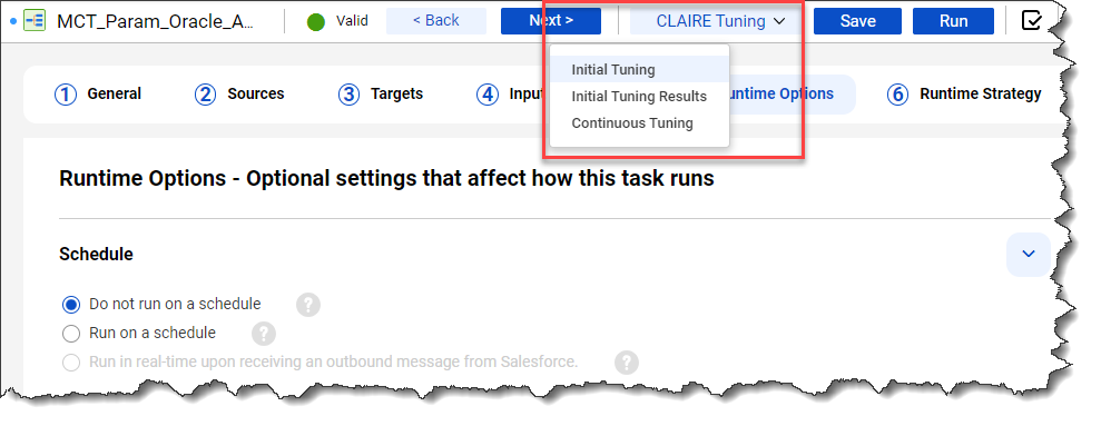 The mapping task details page in the new interface has the following options in the page header: Back, Next, CLAIRE Tuning, Save, Run, and Validation. The CLAIRE Tuning option shows a drop-down menu with the following options: Initial Tuning, Initial Tuning Results, and Continuous Tuning. 
			 