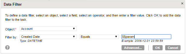 The Data Filter dialog box shows a simple filter that is applied on the Account object. The filter applied is that the Created Date must be equal to $$param. 
				