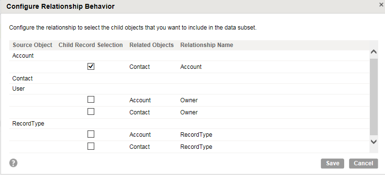 The Configure Relationship Behavior dialog box shows the source objects, child record selection, record objects, and relationship name. 
			 