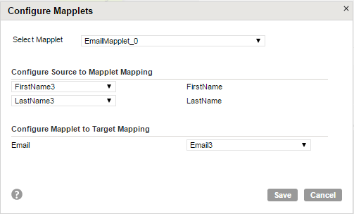 The Configure Mapplets dialog box shows a sample email mapplet with the source fields mapped to mapplet input fields and mapplet output field mapped to the target output field. 
			 