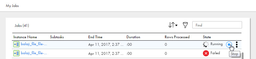 On the My Jobs page, the Stop icon appears in the list next to the State column. 
				  