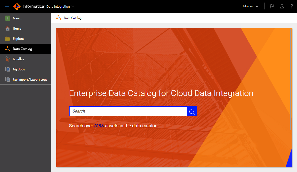 組織の管理者によってEnterprise Data Catalogの統合プロパティが設定してある場合、［Data Catalog］ページには、Enterprise Data Catalogオブジェクトの検索に使用できる検索フィールドが表示されます。 
		  