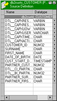 The source definitions includes several columns with a prefix of DTL and also includes a CUSTOMER_ID column, which is the primary key.
		  