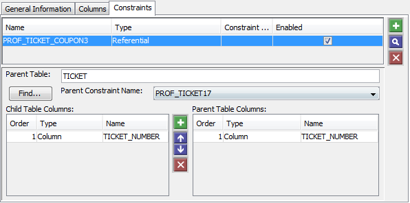 The relationship name is PROF_TICKET_COUPON_SAVE1, the type is Referential, and the constraint is enabled. 
				