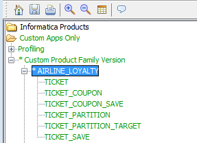 The Custom Apps Only application contains a Custom Product Family Version application version, an AIRLINE_LOYALTY schema, and TICKET tables. 
				  