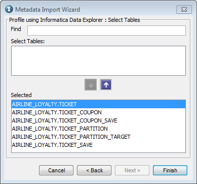 The TICKET, TICKET_COUPON, TICKET_COUPON_SAVE, TICKET_PARTITION, TICKET_PARTITION_TARGET, and TICKET_SAVE tables are in the Selected box. 
				