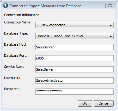 The Connect to Import Metadata from Database window contains Connection Name, Database Type, Database Host, Database Port, Service Name, User Name, and Password parameters. 
				  
