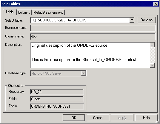 On the Table tab in the Edit Tables dialog box, the Select Table options shows the shortcut HQ_SOURCES:Shortcut_to_ORDERS. The Description window below says, “Original description of the ORDERS source. This is the description for the Shortcut_to_ORDERS shortcut.” 