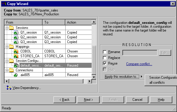 In the Copy Wizard, the object default_session_config has a conflict. The resolution is set to Reuse. 
		  