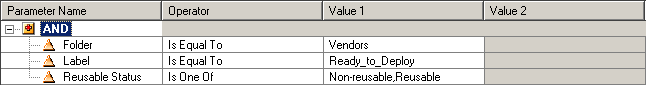 The query is: Folder = Vendors AND Label = Ready_to_Deploy AND Reusable Status is one of Non-reusable or Reusable. 