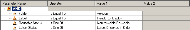 The query is: Folder = Vendors AND Label = Ready_to_Deploy AND Reusable Status is one of Non-reusable or Reusable AND Latest Status is one of Latest Checked-in or Older. 