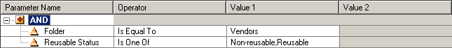 The query is: Folder = Vendors AND Reusable Status is one of Non-reusable or Reusable. 