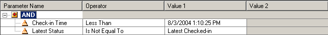 The query is: Check-in Time is less than 8/3/2004 1:10:25 PM AND Latest Status is not equal to Latest Checked-in. 