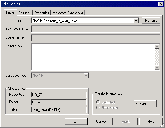 On the Table tab in the Edit Tables dialog box, the Select Table options shows the shortcut FlatFile:Shortcut_to_shirt_items. The Shortcut To area has the following values: Repository = HR_70; Folder = Orders; and, Table = shirt_items (FlatFile). 