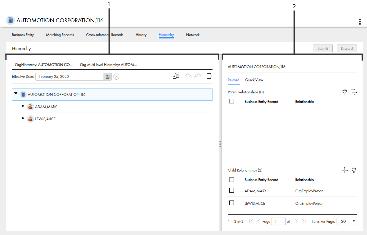 Shows the Hierarchy panel and Relationships panel of Hierarchy view. 
		