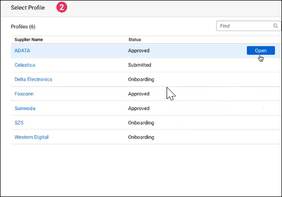 Select Profile page displays the supplier profiles associated to the broker user. The broker user can choose open to view the selected supplier profile. 
		  