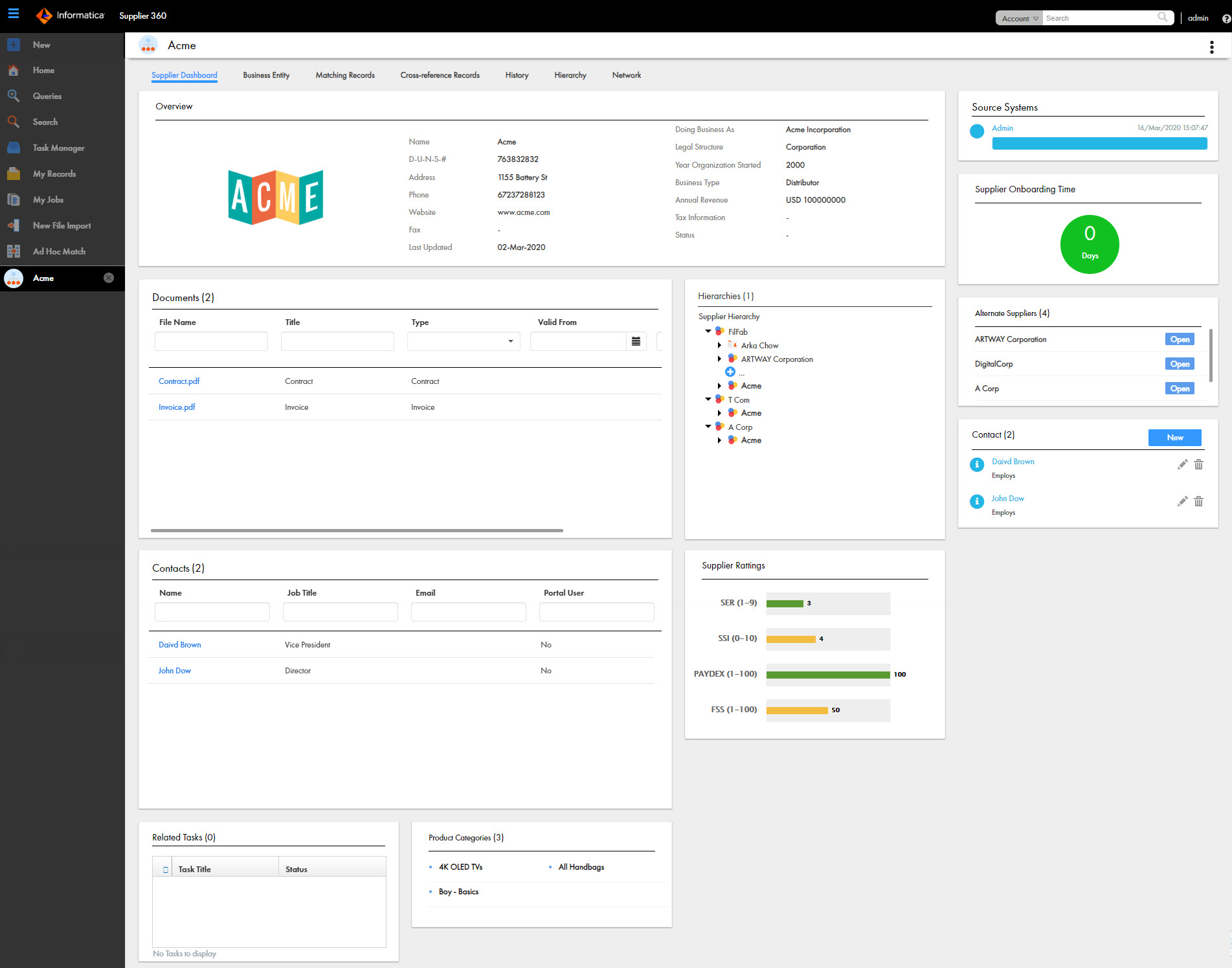 The Supplier 360 Dashboard displays the supplier details, such as company overview, related records, supplier contacts, onboarding time for the suppliers, charts, documents uploaded by the supplier, and supplier documents that are due for renewal. 
		  