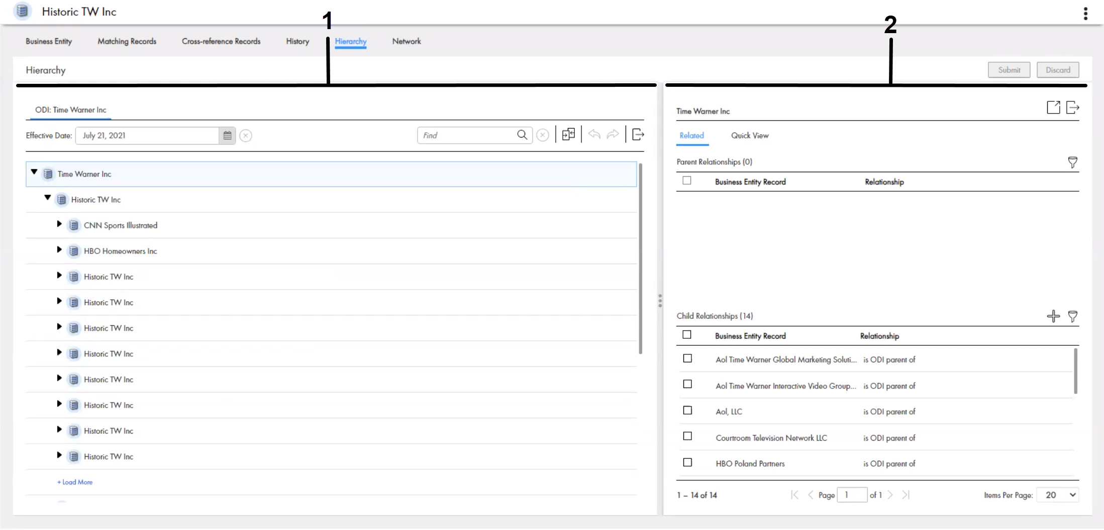 Shows the Network panel and Relationship panel of the Hierarchy view.