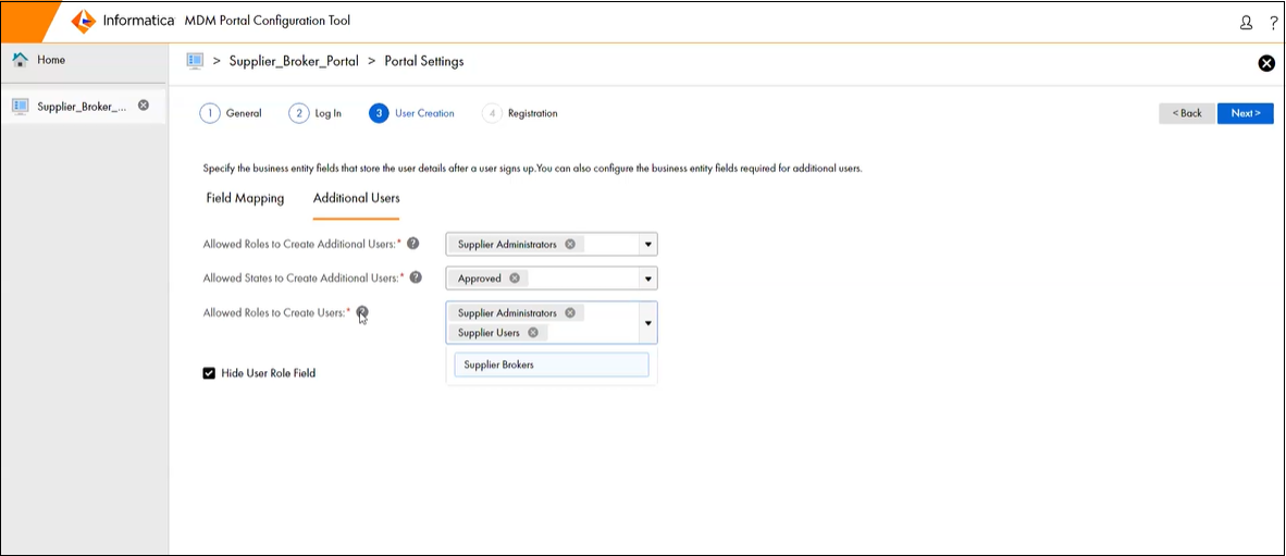 User Creation Page where you can assign the Supplier Brokers role to a user in the Additional Users tab. 
		