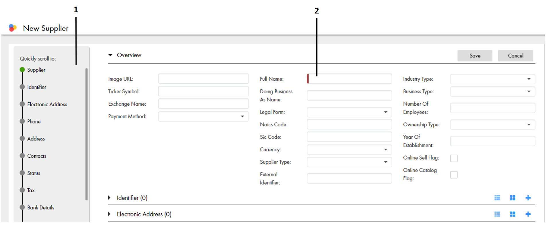 The data entry form contains the Navigation menu on left, and data the fields on the right. The required fields are marked with a red line. 
				