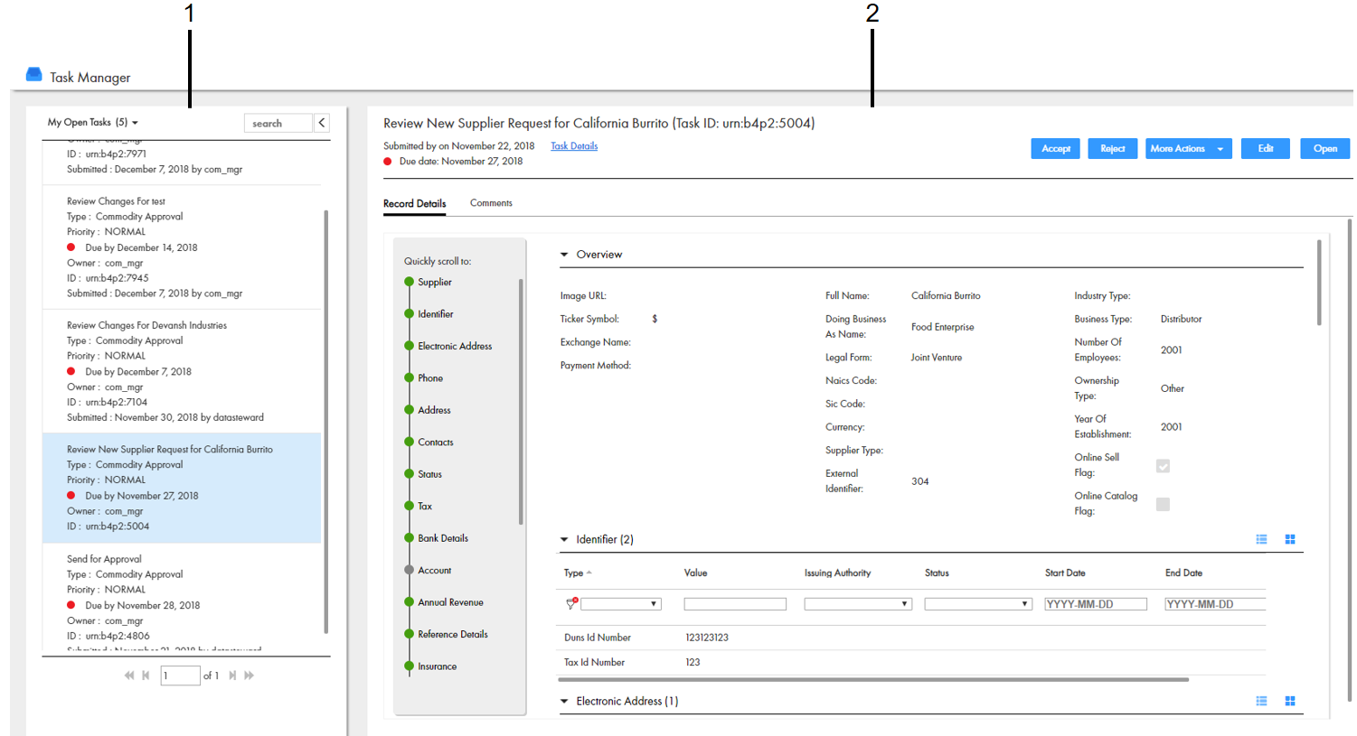 The Task Panel lists your availble tasks, and the Review Panel lists the details of the task you select.
		