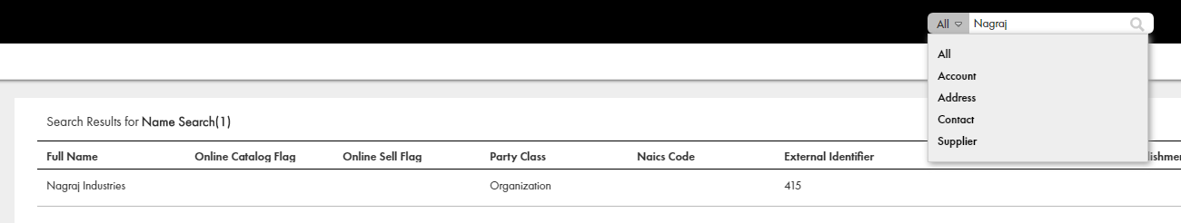 The search box in Supplier 360 header showing the business entity type list. 
				  