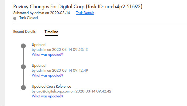 The timeline shows in chronological order, the comments, the history of changes, and actions taken on the record.
		  