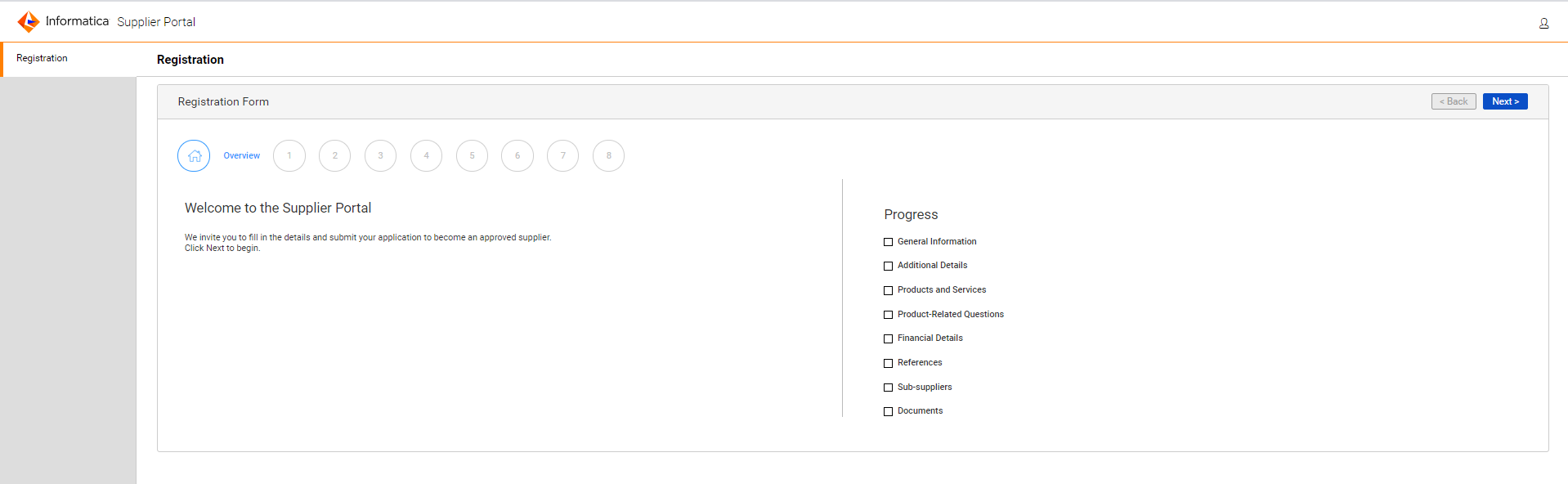 Information that a supplier has to submit while registering on the Supplier Portal. 
		  