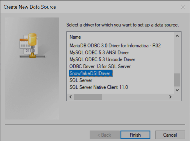 Select the driver for which you want to create the data source. 
				  