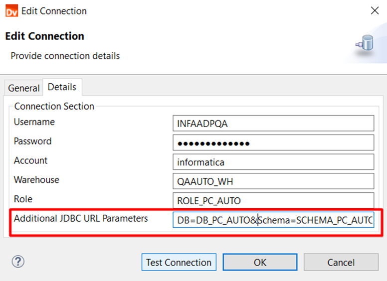 You can view the configured database and schema name in the additional JDBC URL parameters field. 
				