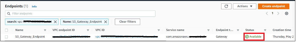 The gateway endpoint is created. 
				