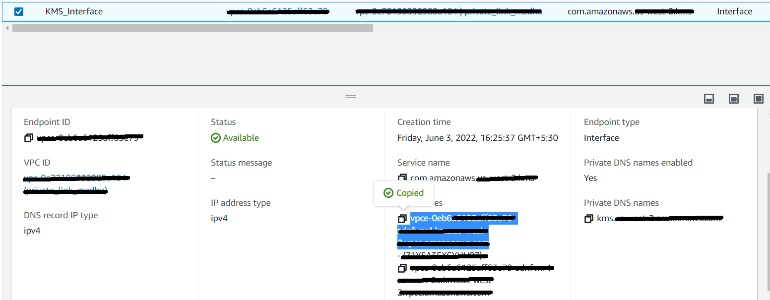 The DNS name of the KMS VPC interface endpoint. 
				